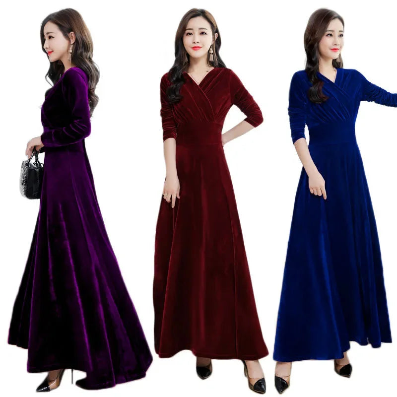 Elegant Long Sleeve Velvet Dress Women's Autumn Fashion Slim Fit Floor Length round Neck Low Waist Line New Arrival 2025