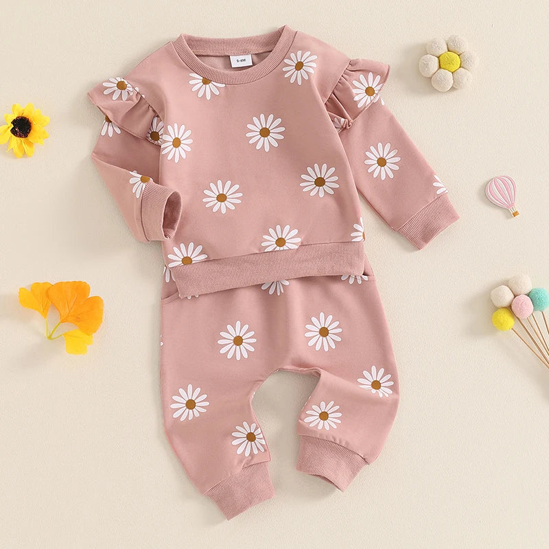 Pudcoco Toddler Newborn Baby Girl Fall Outfit Daisy Print Long Sleeve Sweatshirt with Elastic Waist Pants 2 Pcs Set 0-3T