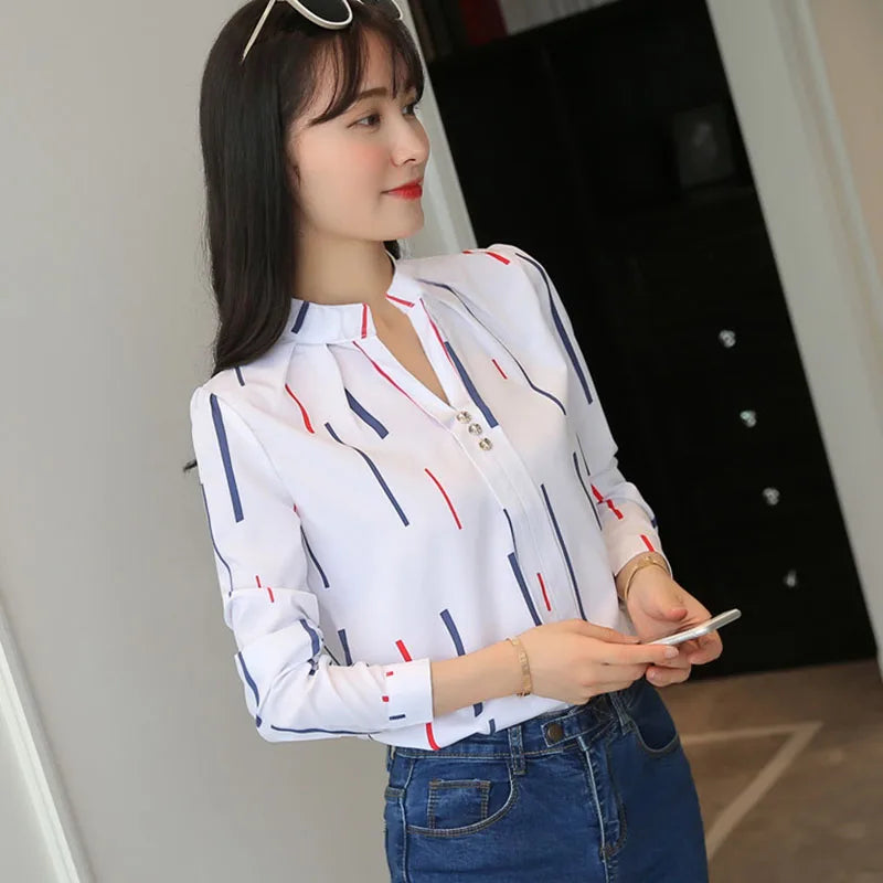 Autumn New White Shirt for Women Fashion Stripe Print Long Sleeve Office Lady Blouses Casual Loose Stand-up Collar Blusas