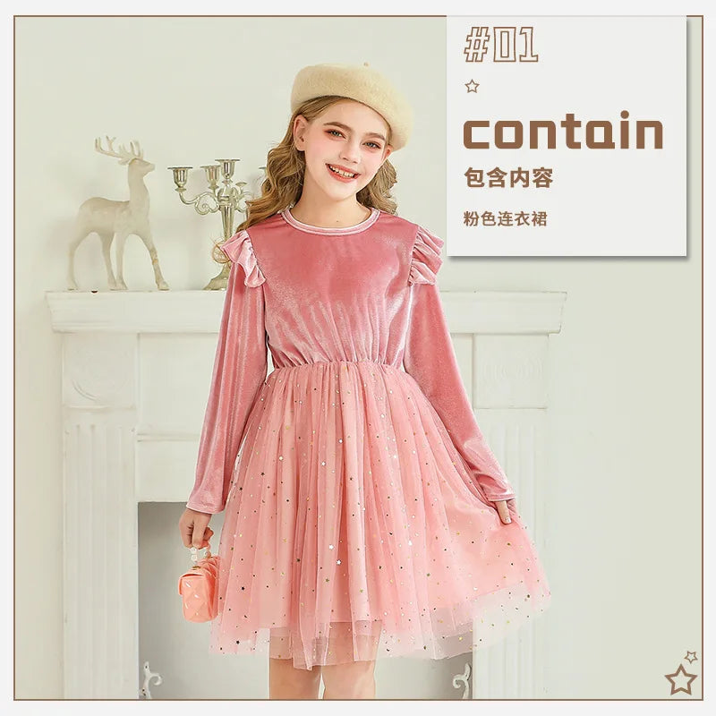 2025 Ruffle Style Long-sleeved Stars Mesh Spliced Dress Princess Christmas Party Performance Clothes Children's Winter Clothing