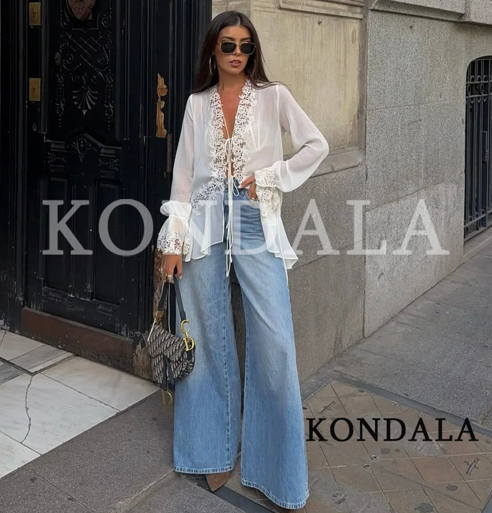 KONDALA Chic Lace Crochet Splicing See-through Shirts Women Elegant Leisure Lace-up Shirts 2026 Summer Trendy Lady Ruffles Shirt