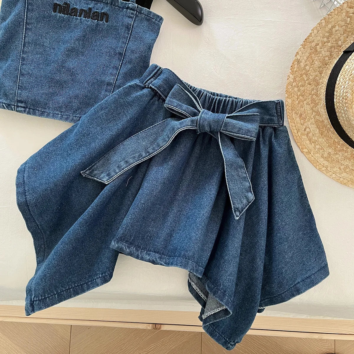 Girls' Clothing Set 2025 Summer New Sleeveless Denim Vest Top, Children's Denim Short Skirt Summer Three Piece Set
