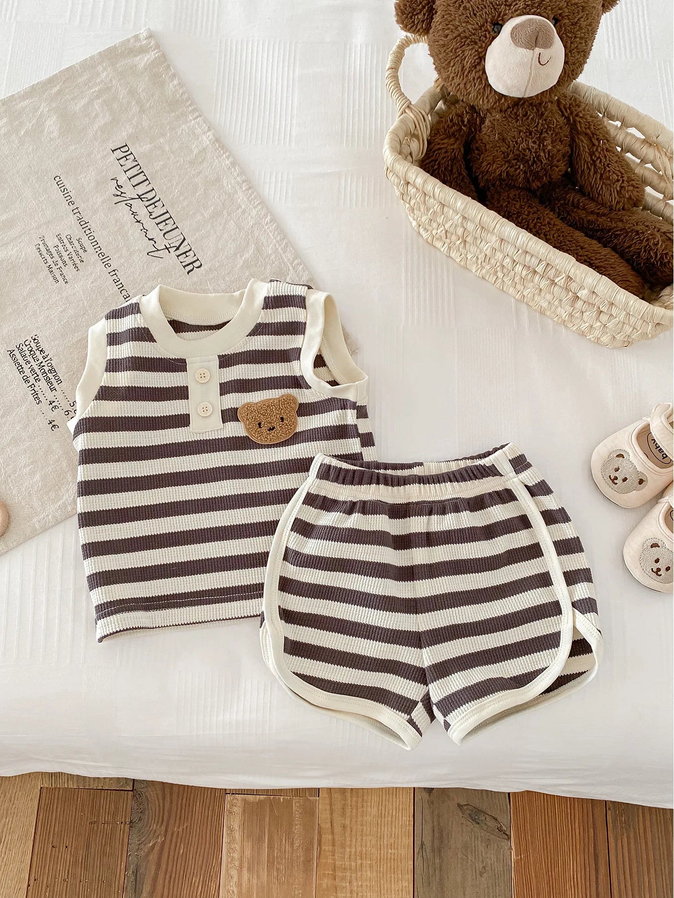 MILANCEL 2024 New Baby Clothes Set Sleeveless Tee And Shorts Boys Tracksuit Waffle Bear HeadGirls Clothing Set