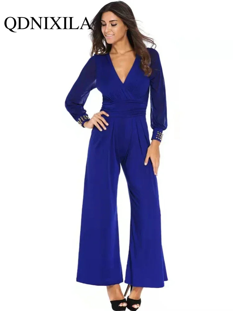 New In Spring Summer Women's Jumpsuit Black V-neck Mesh Splicing Straight One-piece Female Jumpsuit Sexy Streetwear Clothes
