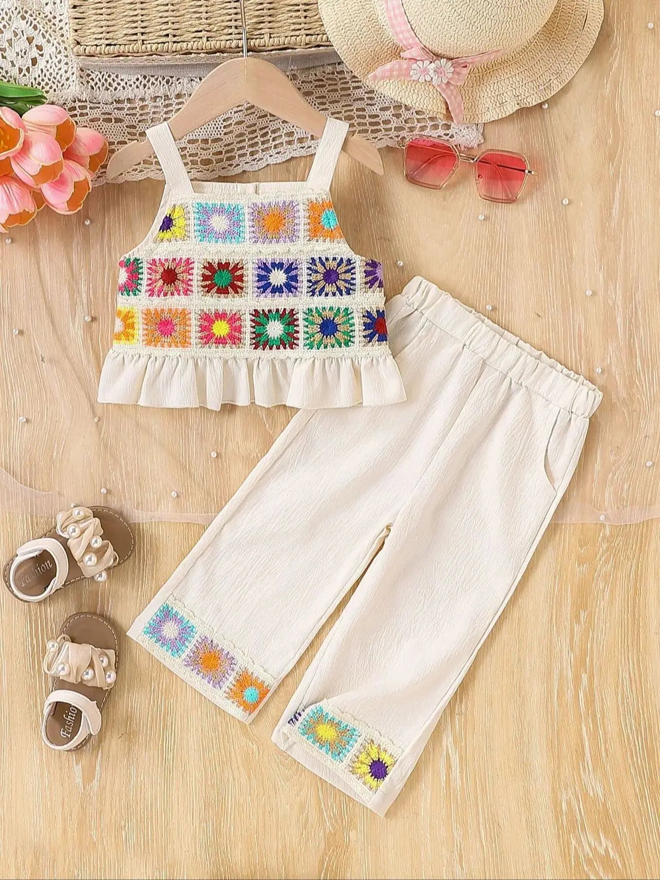 2-piece set of baby girl baby casual ethnic style lace decorative camisole top and open pocket straight leg pants, summer