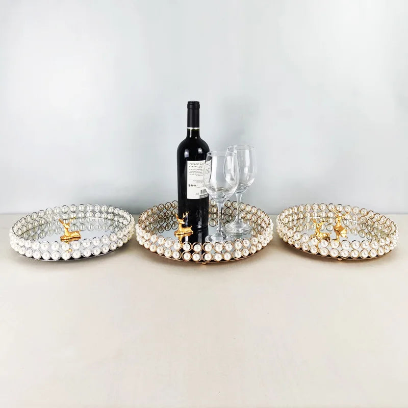 European Pearl-edged Glass Tray Ornaments Cosmetic Mirror Storage Tray Wedding Props Mirror Cake Rack Round Glass Plate