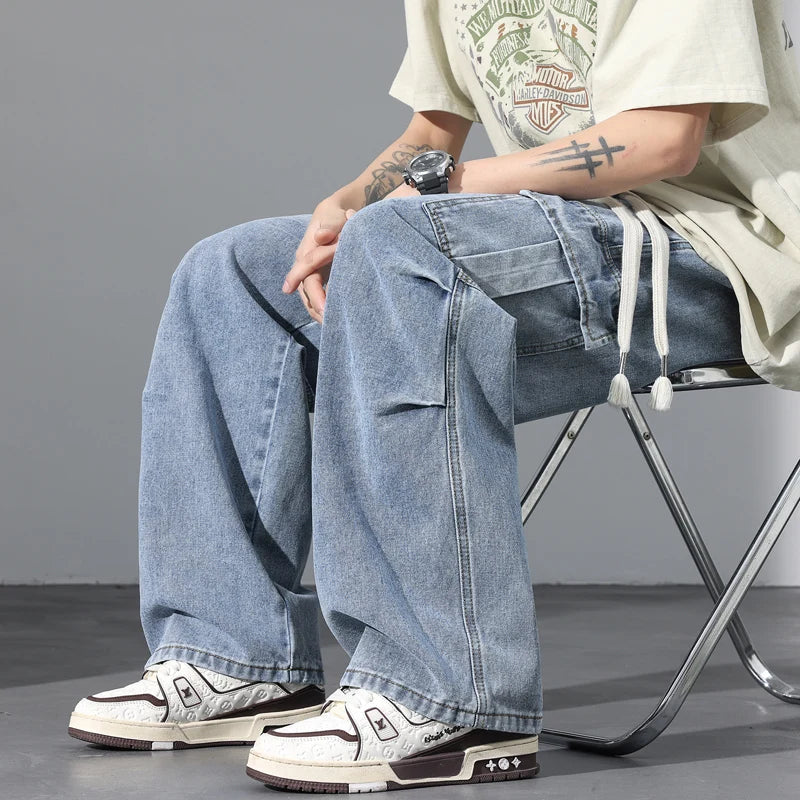 Large Pocket Baggy Solid Jeans Men's 2026 New Spring Classic Straight Denim Trousers Street Y2K Elastic Waist Casual Cargo Pants