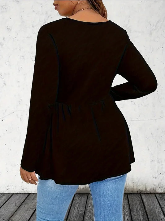 Spring and Autumn Plus Size 1XL-5XL Women T-shirt Square Neck Cute Pleated Long Sleeved Top Casual Commuting Outfit