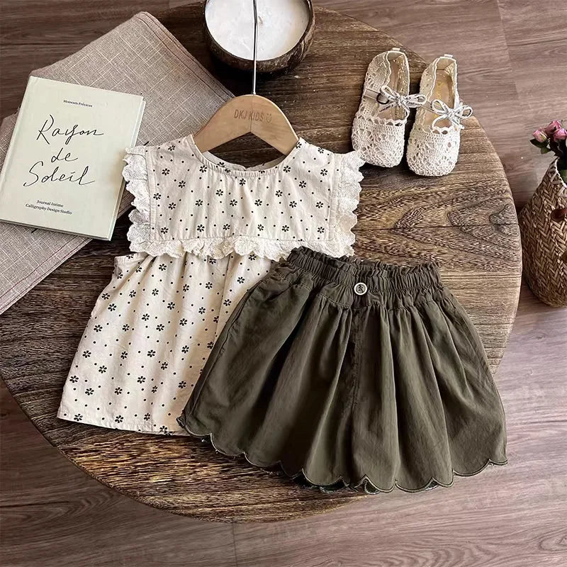 3-7Y Kids Girls Outfits Summer Floral Print Sleeveless Top and Ruffled Shorts Sets Lace Trim Soft Children Vocation Clothing