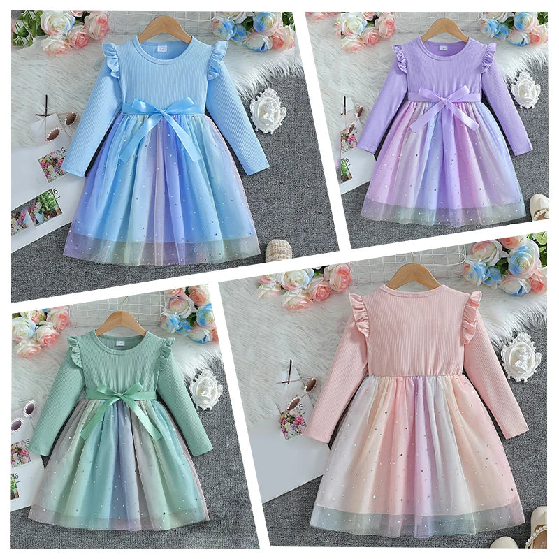 Girl's Long Sleeved Bow Dress 2-8Y Fashion Thin Children's Starry Sky Sequin Mesh Dress Spring Autumn Kid's Clothing