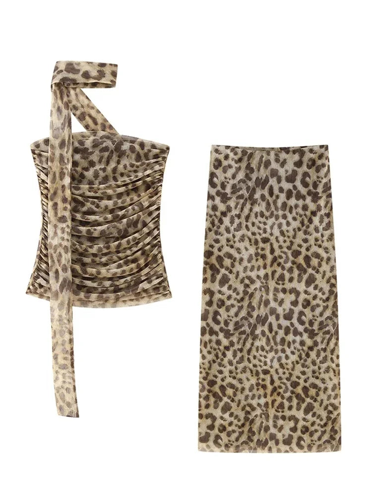 Leopard Print Tub Top Long Skirt Suit Women Sexy Sleeveless Fold Tops Hip Package Ankle-length Skirts Summer New 2 Piece Sets