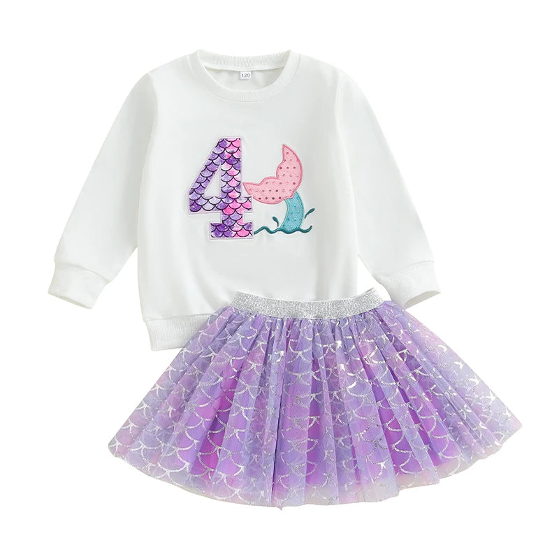 0-7Y Kids Girls Autumn Outfits Long Sleeve Number Embroidered Sweatshirt with Mermaid Tulle Skirts Sets Birthday Clothes