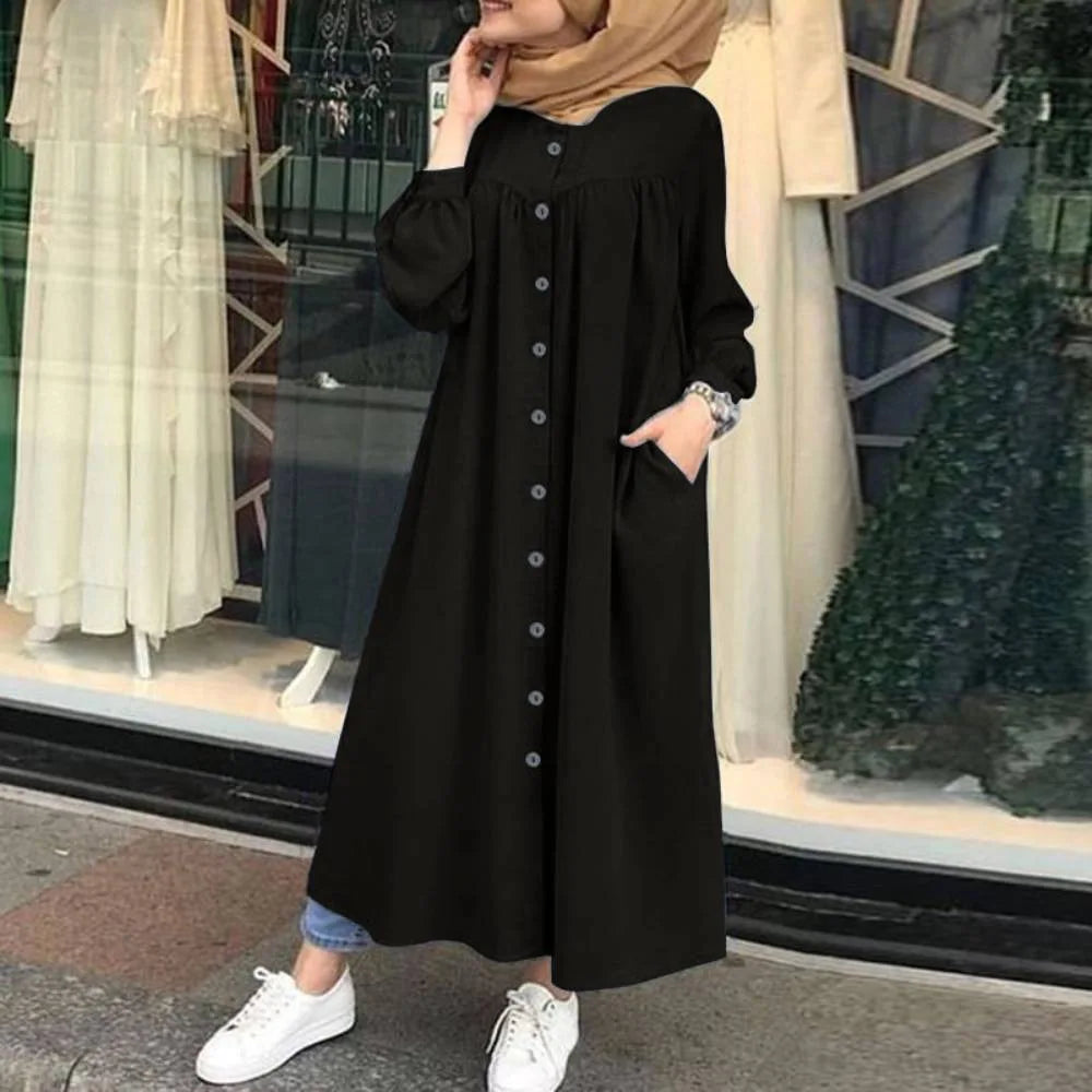 S-5XL Muslim Dress Women hijab Shirt  Long Sleeve Maxi Vestidos Female Button Robe femme musulman High Wasit Solid Sundress