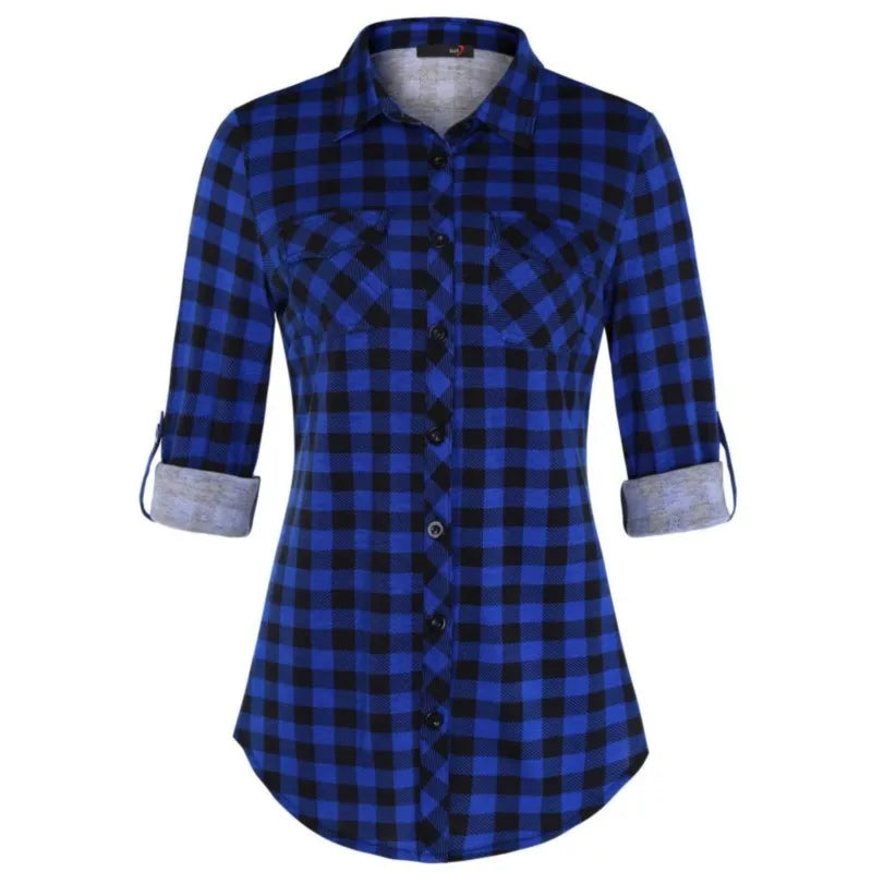 Women's  fashion Casual Plaid Button-Down Shirt