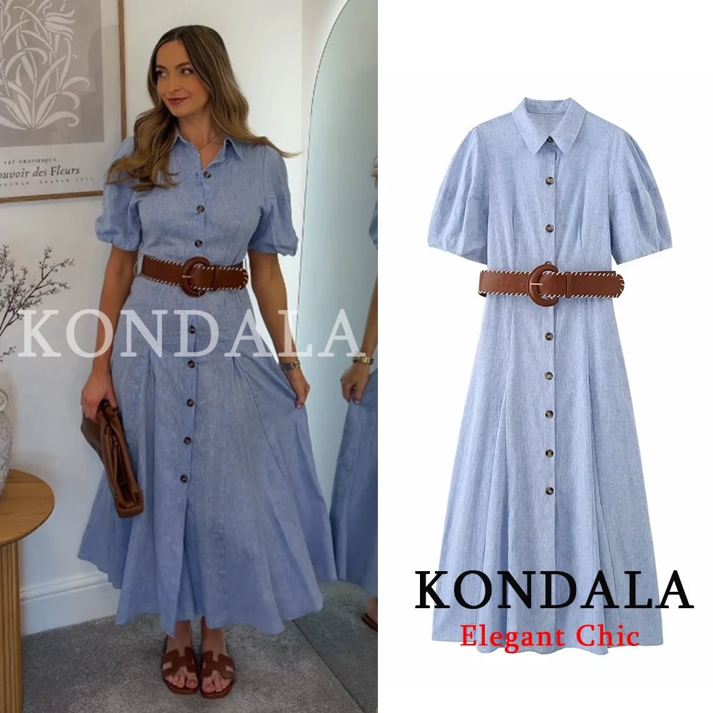 KONDALA Women Elegant Blue Trendy Long Dress Single Breasted Belt Dress New Fashion 2026 Spring Summer Holiday Beach Lady Dress