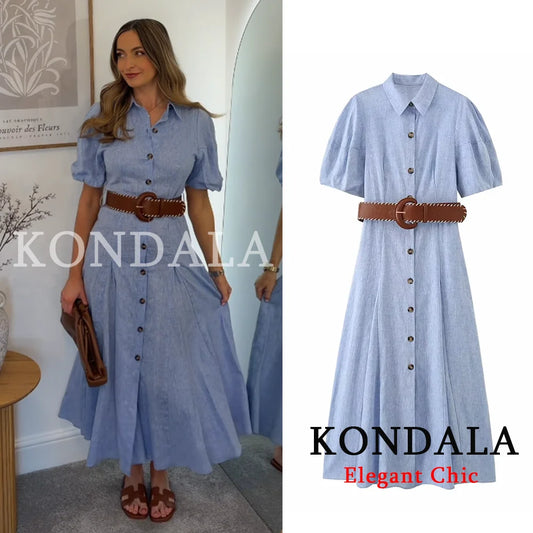 KONDALA Women Elegant Blue Trendy Long Dress Single Breasted Belt Dress New Fashion 2026 Spring Summer Holiday Beach Lady Dress
