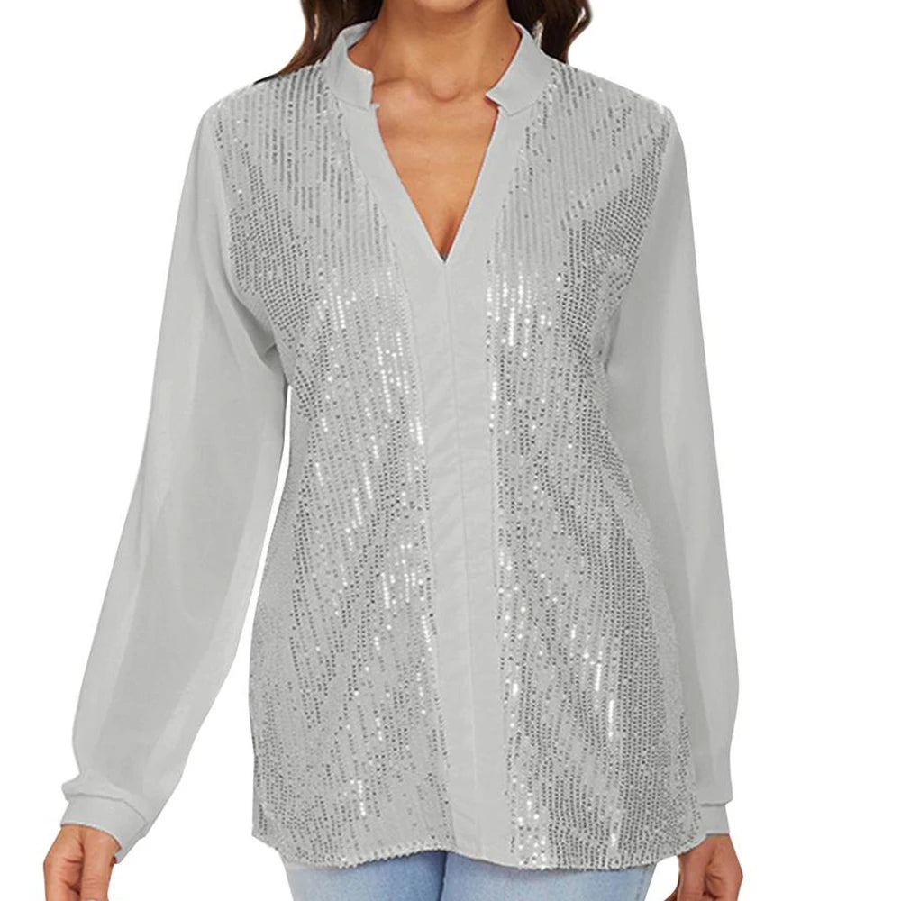 Womens Tops Sequins Blouse Long Sleeve Shirts Shiny Sequined Sweatshirt Patchwork Pullover Tops Loose Comfy Basic Shirt
