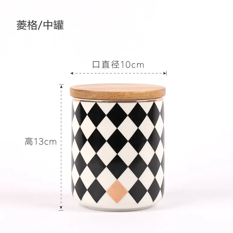 Household Ceramic Sealed Tank Creative Grain Storage Tank Kitchen Storage Box Coffee Wooden Lid Sealed Tea Storage Supplies