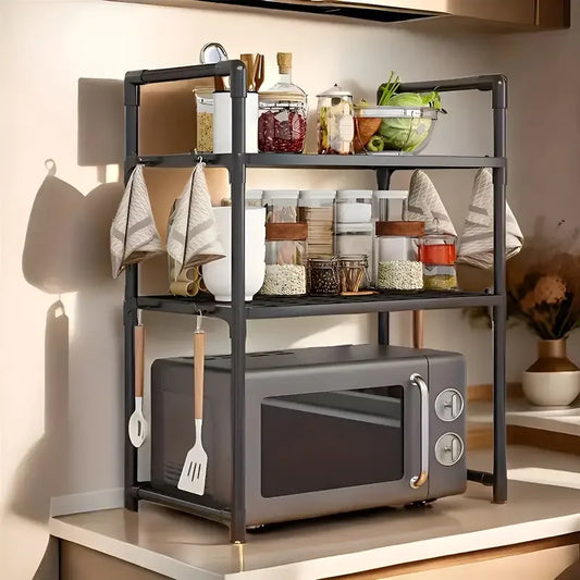 1pc Microwave Oven Storage Rack, Space-saving Countertop Kitchen Utensils Tableware Organizer, Kitchen Accessories Plastic Shelf