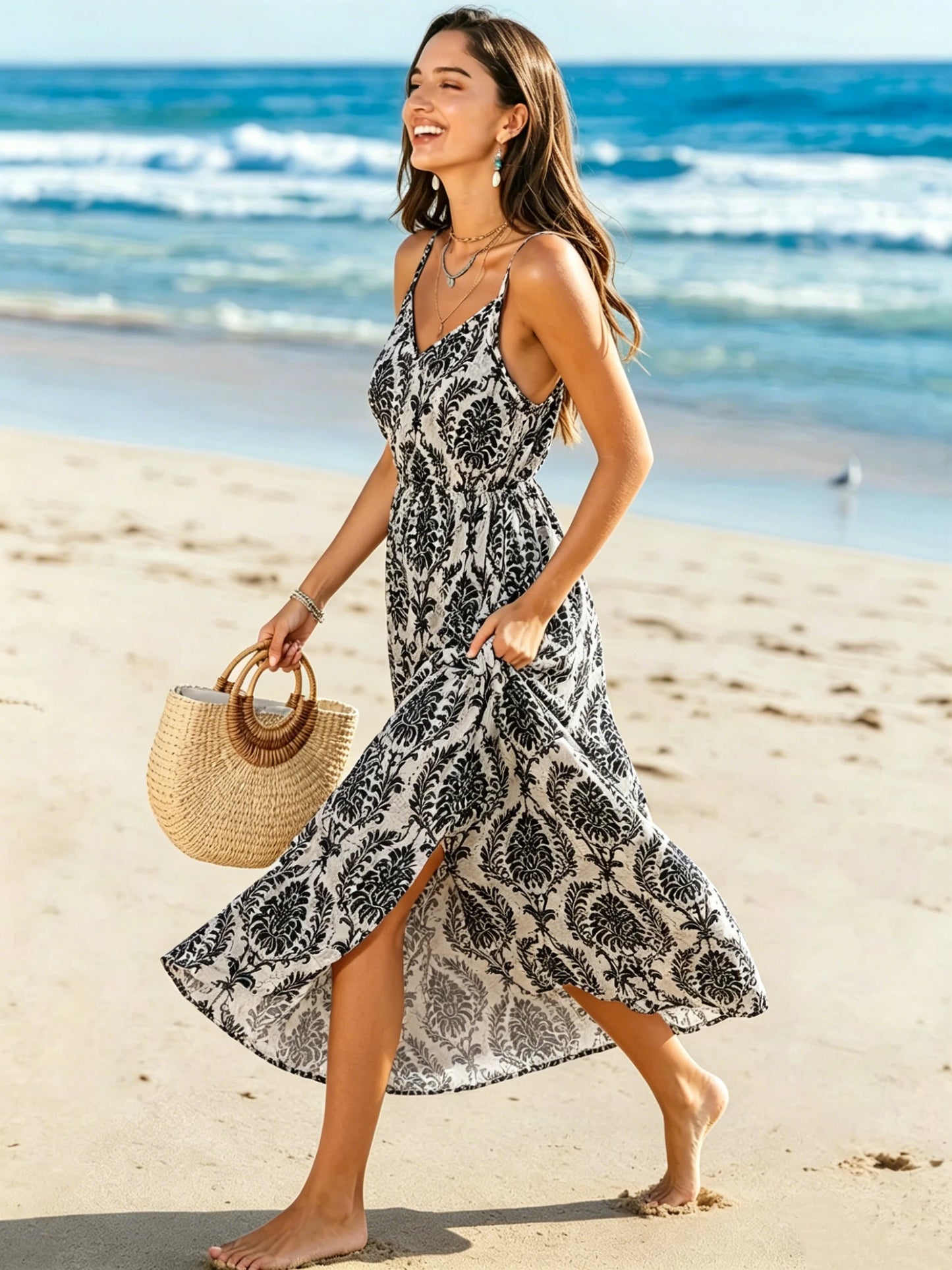 Women's New French-style holiday-inspired printed jumpsuit with a camisole top, perfect for summer beachings