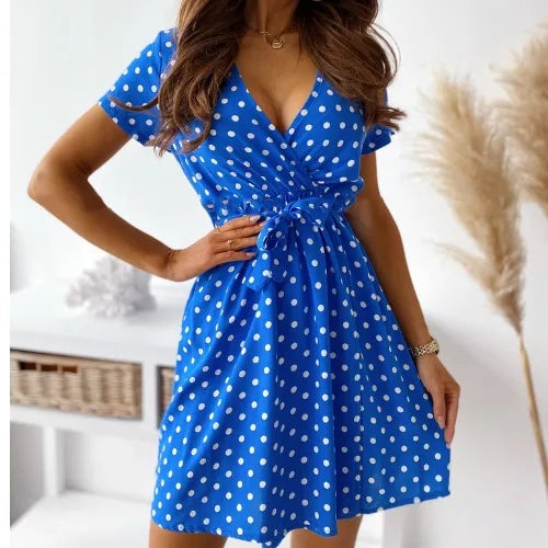 Summer New Sexy V-neck Polka Dot Print Short Sleeve Waist-cinching Dress Sweet Bohemian Style H-shaped Single Piece Dress