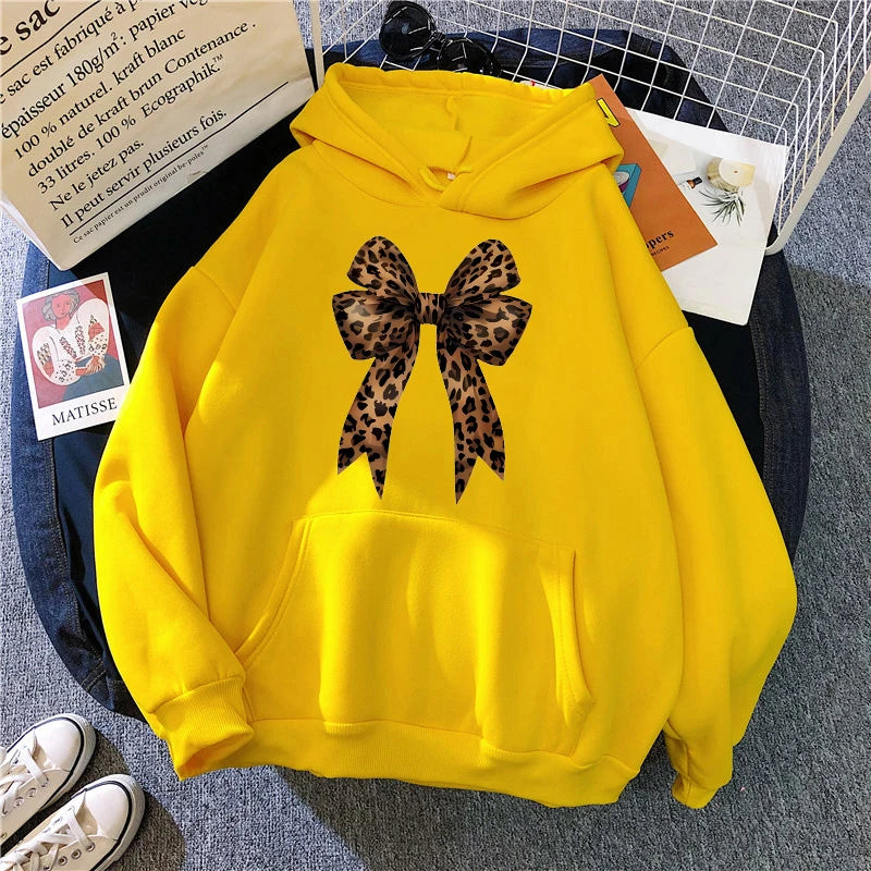 Plus Size Bow Heart Love Leopard Print Hoodies Long Sleeve Funny Sweatshirts Streetwear Women's Casual Graphic Hooded Pullovers