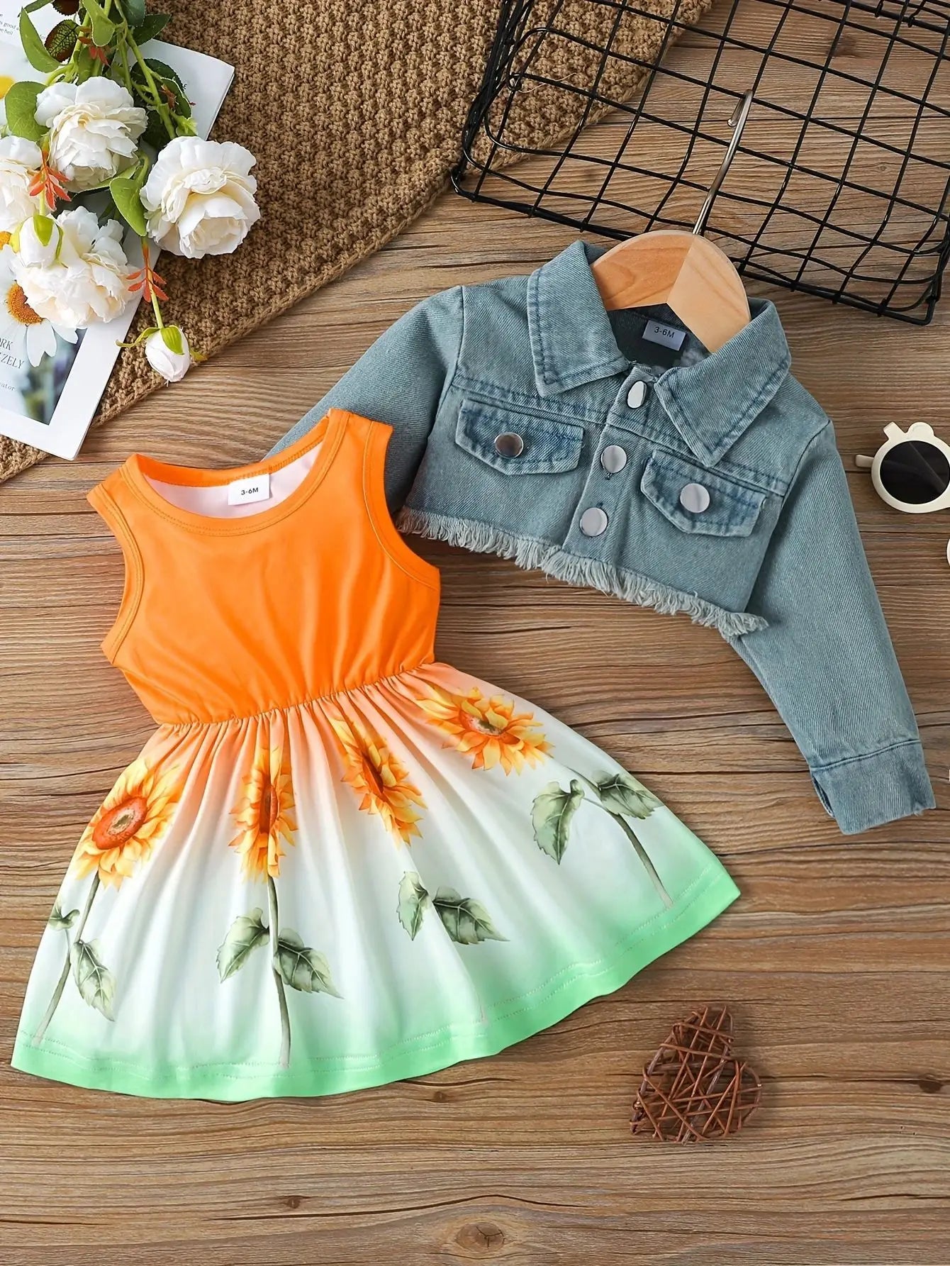Prowow Fall Winter Baby Girl Denim Outfit Set Turn-down Collar Jeans Jacket+Deer Printed Dress Newborn Baby Birth Clothing