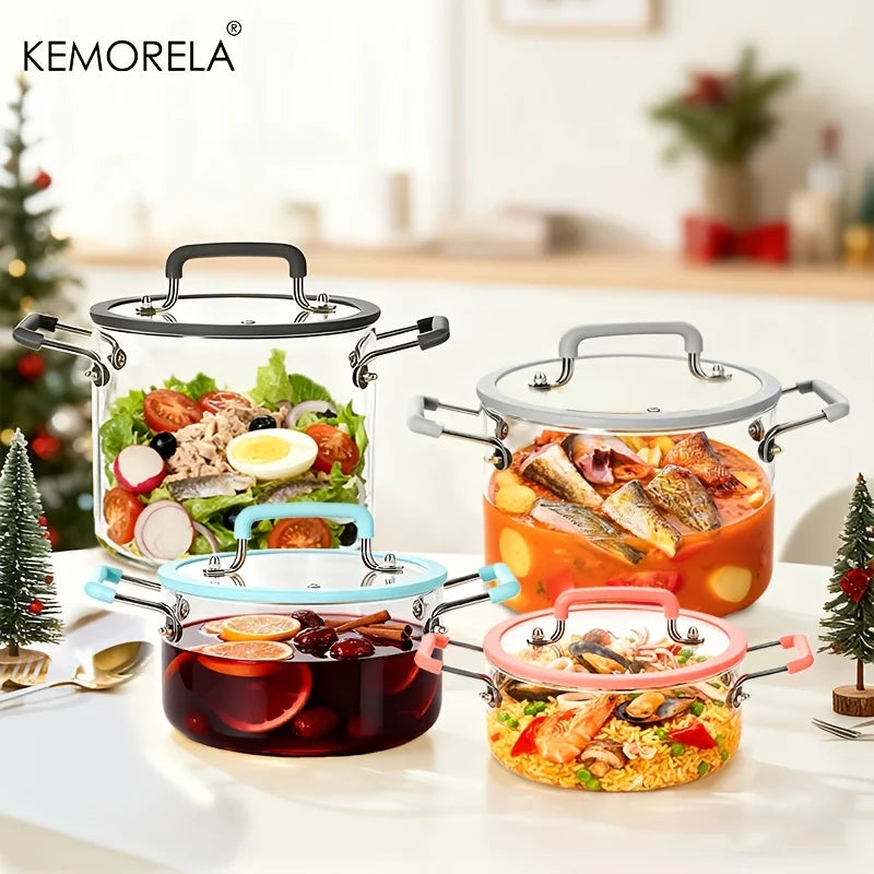 1PCS Glass Saucepan with Lid Multiple Capacity Options Heat-Resistant Glass Cooking Pot Dual Handle Soup Pot Kitchen Cooking