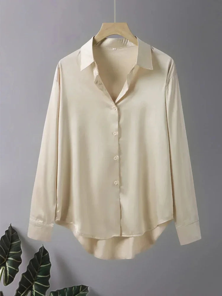 Plus Size Shirts 2025 Loose Casual Women Silk Fashion Long Sleeve Button-Down Blouse Senior Female Elegant Solid Top Office Wear
