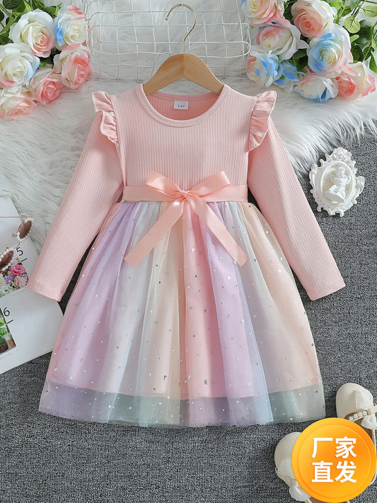 Girl's Long Sleeved Bow Dress 2-8Y Fashion Thin Children's Starry Sky Sequin Mesh Dress Spring Autumn Kid's Clothing