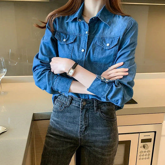 Slim Fit Long Sleeve Women's Denim Shirt Spring Autumn College Style Base Layer Top Korean Fashion Versatile Bottoming Shirt