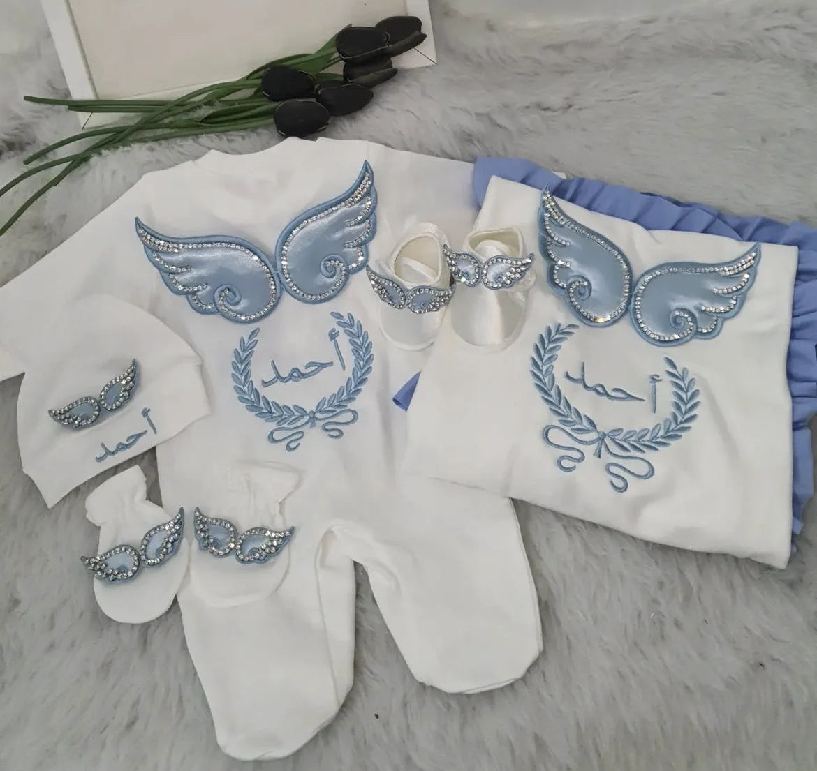 Dollbling Hospital Exit 5pcs Embroidery Name Newborn Angle Wings Romper Blanket  Nursery Bedding Swaddle Handmade Infant Outfit