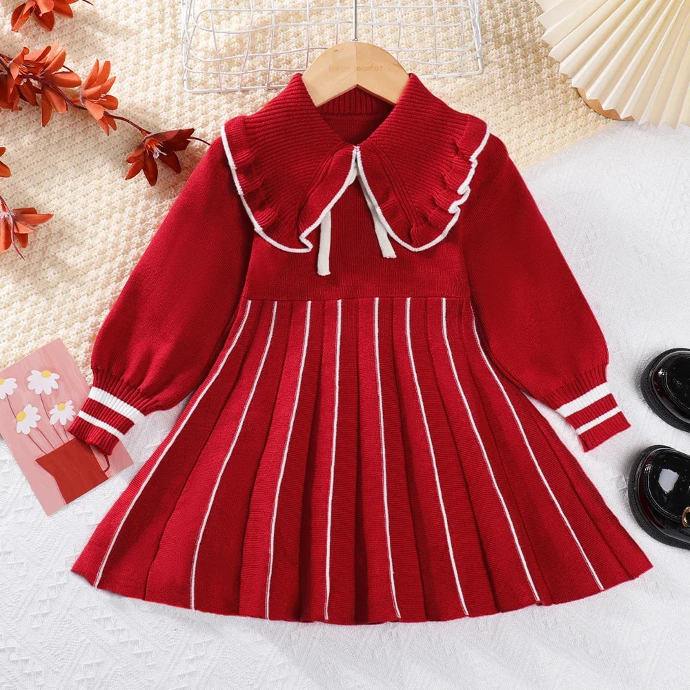 Bear Leader Autumn Winter Girls Sweater Long Sleeve Dress Vest Stripe Party Girl Baby Retro Knitted Wool Dress Casual Vestidos