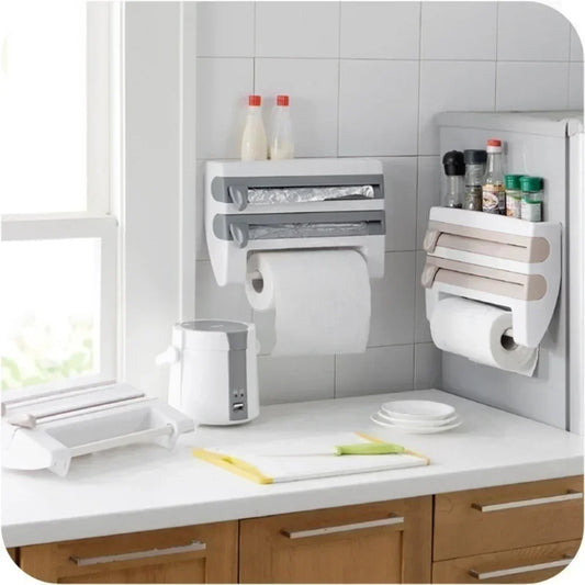 Cling Wrap Dispenser with Storage Rack Plastic Cutter Wall Hanging Paper Towel Holder Kitchen Organizer