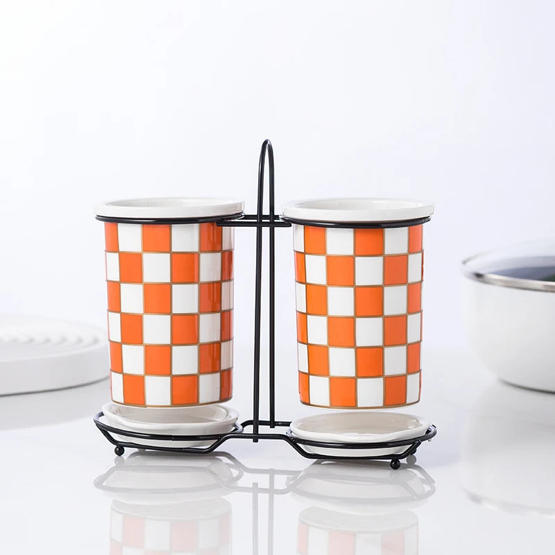 Checkerboard Ceramic Chopsticks Holder Drain Rack Chopsticks Basket Chopsticks Box Cutlery Box Storage Rack Wall-mounted Shelf