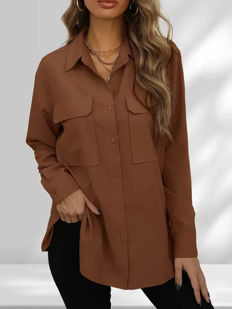 Plus Size 1Xl-5XL Women's Fashion Blouse Women's Solid Button Up Long Sleeve Turn Down Collar Blouse Pockets