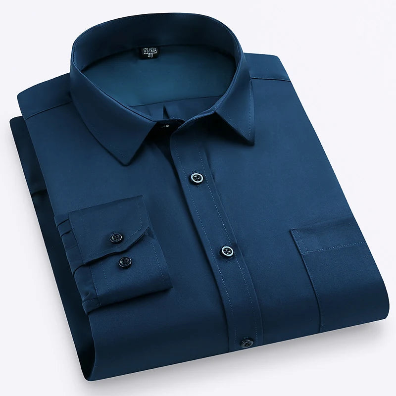 Plus Size M-7XL Elasticity Shirt Men Long Sleeve Slim Fit Casual Solid Color Luxury Shirt Social Formal Dress Shirts Man Clothes