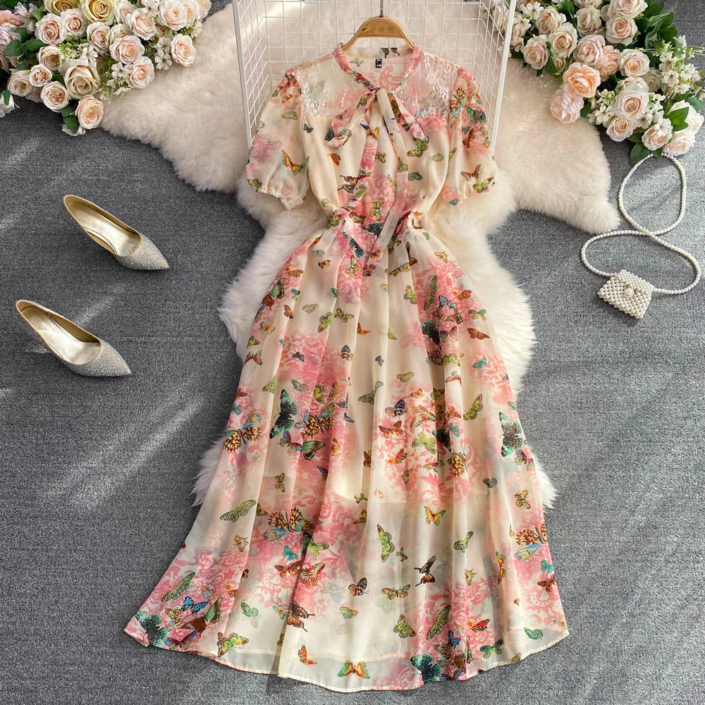 Retro  Knot Bubble Sve ort Dr Slimming A-Line Floral Chiffon Dr Ele Long Skirt High Waist Korean Sle