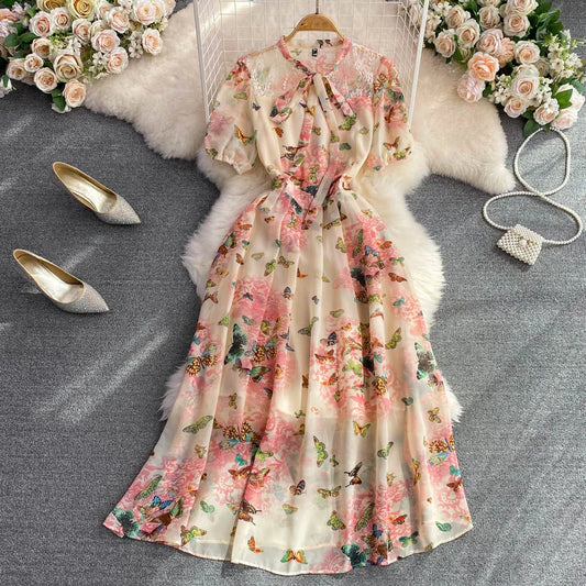 Retro  Knot Bubble Sve ort Dr Slimming A-Line Floral Chiffon Dr Ele Long Skirt High Waist Korean Sle