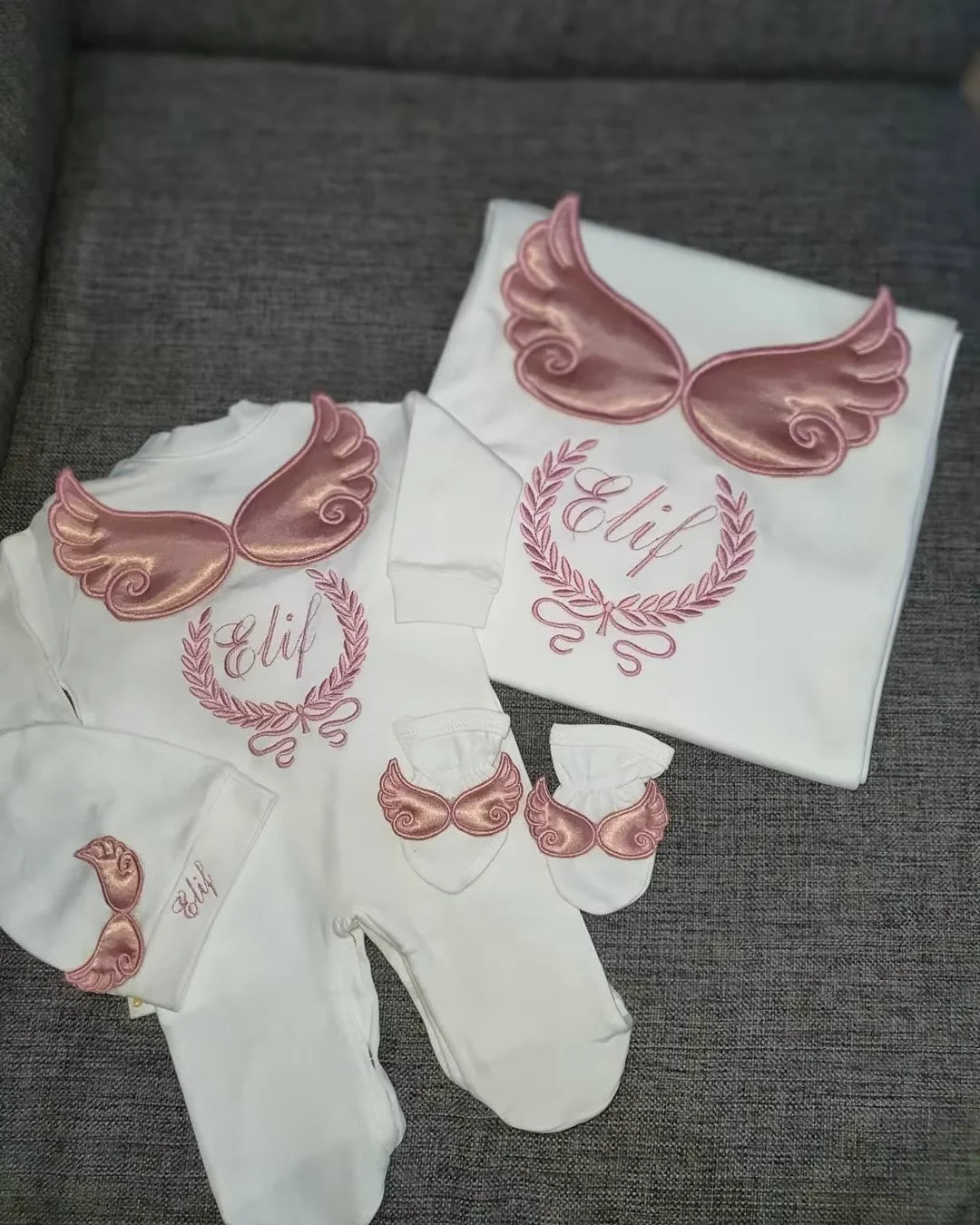 Dollbling Hospital Exit 5pcs Embroidery Name Newborn Angle Wings Romper Blanket  Nursery Bedding Swaddle Handmade Infant Outfit