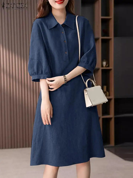 Women Cotton Shirt Dress 2024 Summer Lapel Neck Dresses Korean Office 3/4 Sleeve Midi Vestidos Elegant Solid Buttons Robe