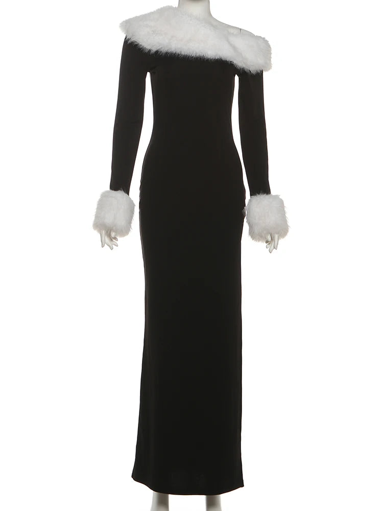Nibber Elegant Christmas Party Maxi Dress Woman Furry Patchwork Winter Trend Skew Collar Full Sleeve Skinny Robe Style Vestidos