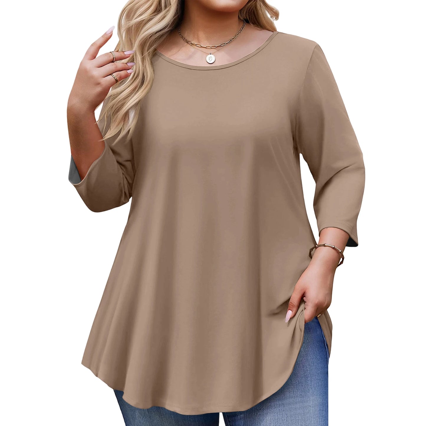 Spring Fall Women's Plus Size Long-sleeved Top, Solid Color Round Neck Curved Hem Loose T-shirt Spring Autumn Casual Top Mujer