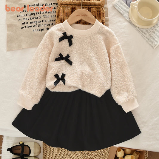 Bear Leader Autumn Winter Korean Version Beige Girls' Set Casual Kids Clothes Bow Fleece Long Sleeved Top + Black Short Skirt