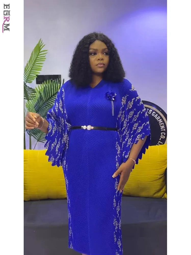 EGRM High-end Pleated Dresses For Women Traditional Clothing Batwing Sleeve V-neck Print Gown Maxi Long Dress 2025 New 7R6192