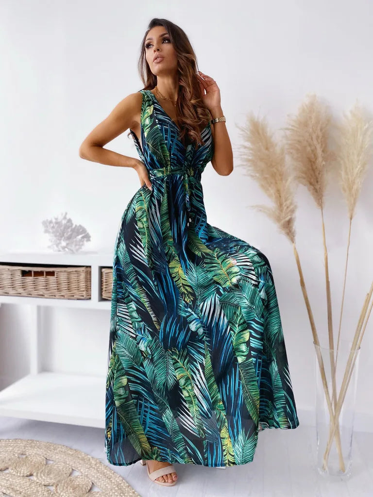 Women Tie-Up Backless Party Beach Dress Sexy V Neck Boho Long Dresses Summer Elegant Print Sleeveless Lady Maxi Dress Vestidos
