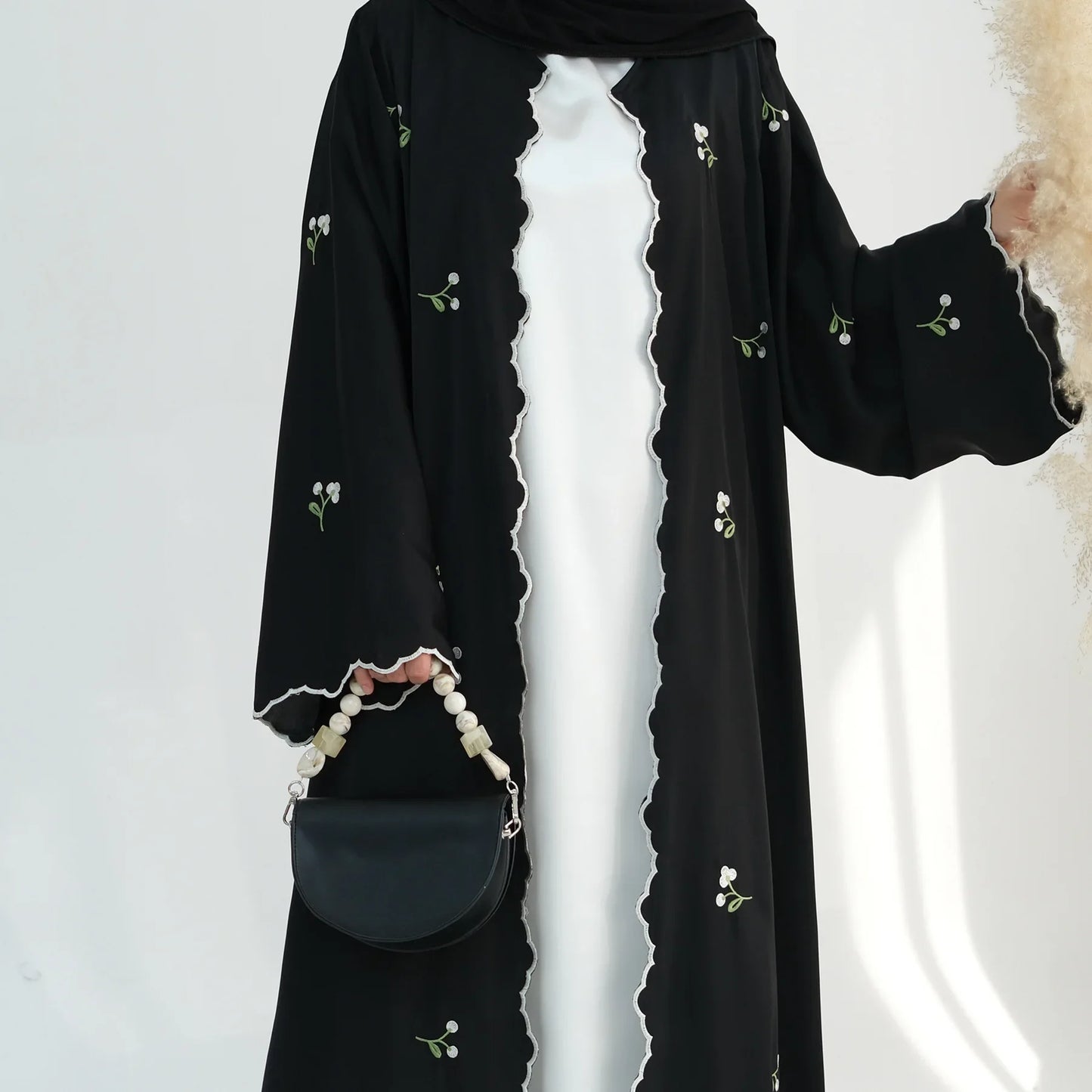 Long Sleeved Open Wavy Abaya For Women Embroidery Flower Kimono Cardigan Dubai Muslim Loose Burqa Islamic Dress Robe Kaftan