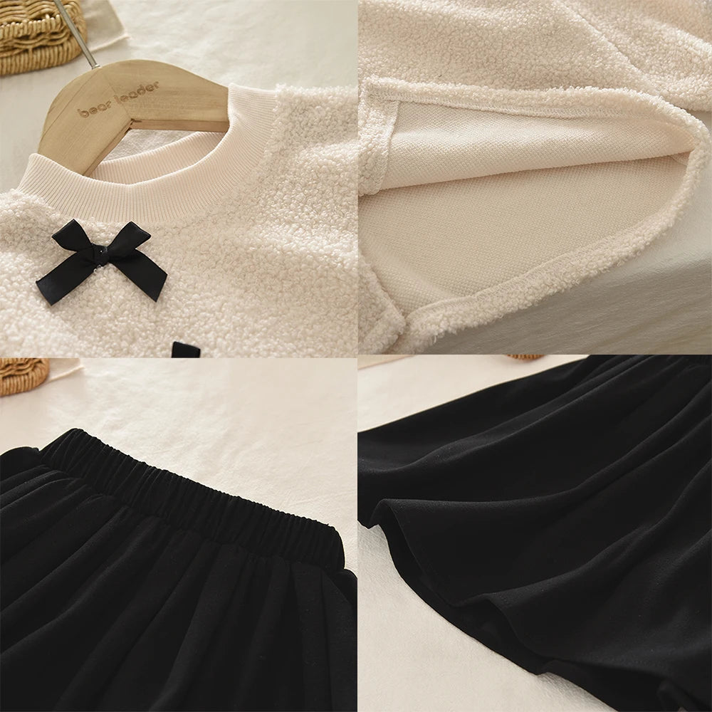 Bear Leader Autumn Winter Korean Version Beige Girls' Set Casual Kids Clothes Bow Fleece Long Sleeved Top + Black Short Skirt