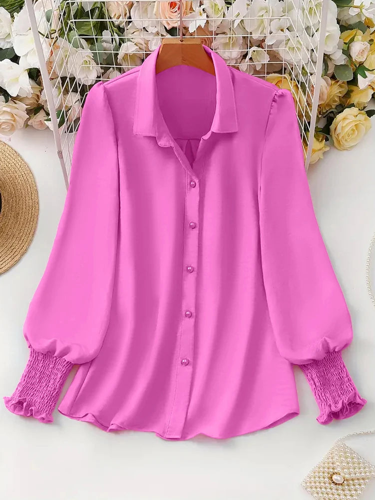 Plus Size 2025 Spring and Summer New Women's Casual Puff Sleeve Blouse Solid