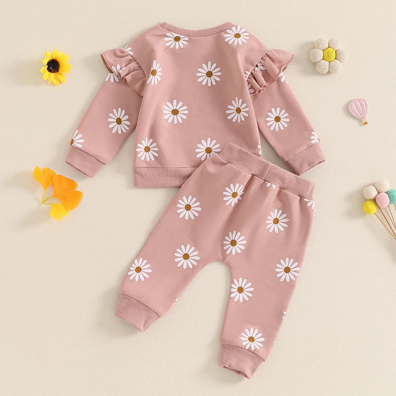 Pudcoco Toddler Newborn Baby Girl Fall Outfit Daisy Print Long Sleeve Sweatshirt with Elastic Waist Pants 2 Pcs Set 0-3T